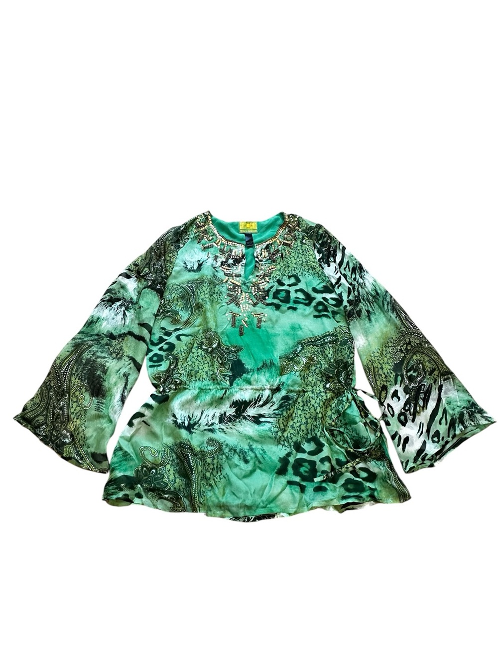 Tracy Porter Silk Beaded Sequin Tunic Top Flare Sleeves Boho Chic Maximalist